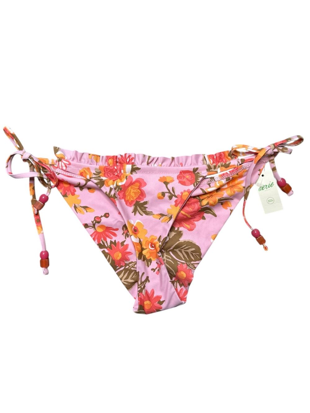 Aerie Bikini Bottoms Women S Pink Floral Ruffle Beaded Tie Cheeky Cottage Girly